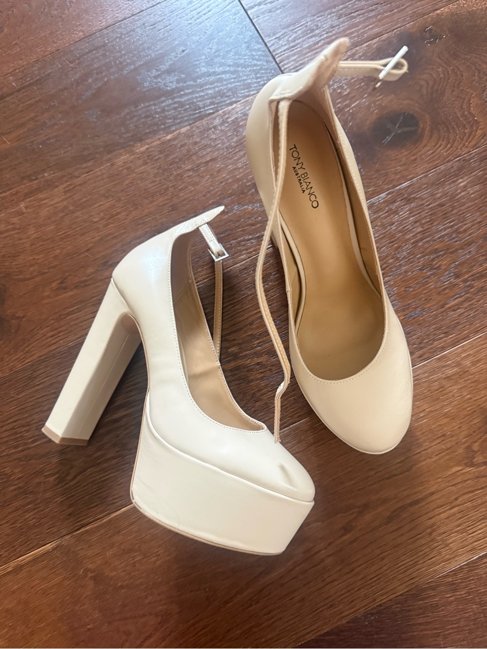 Tony Bianco Cream Platform Block Heel Ankle-Strap Pumps